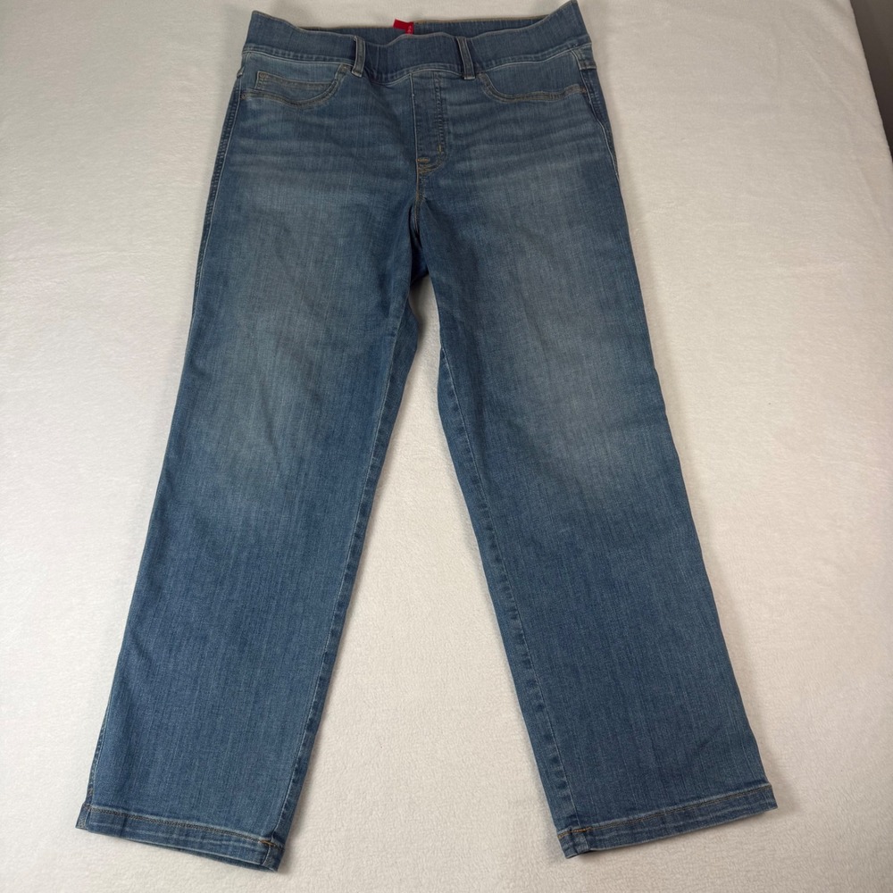 Spanx Straight Leg Pull On Jeans 1X/1T Blue‎ Cotton Stretch Slimming Denim